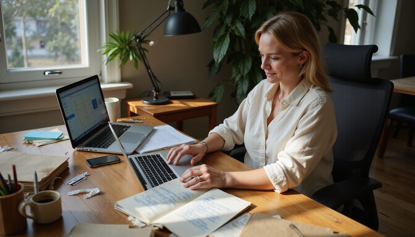 A focused woman works at a cluttered desk with a laptop.
