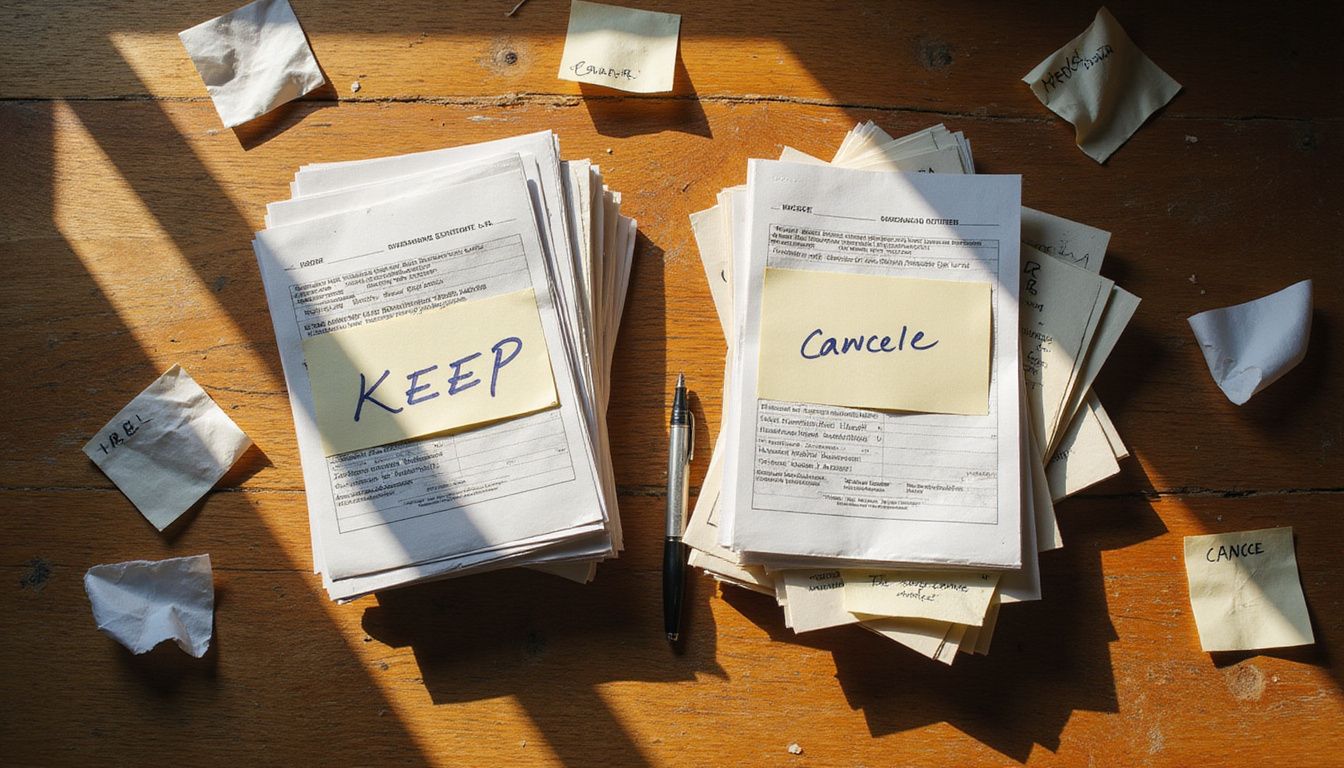 A cluttered oak desk with organized and disorganized document stacks.