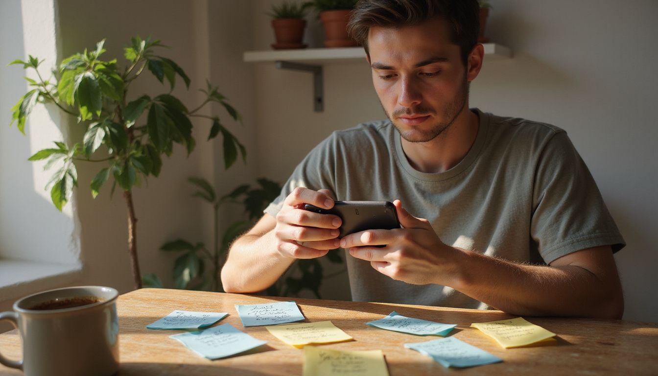 A young adult studies their smartphone amidst scattered notes and coffee.
