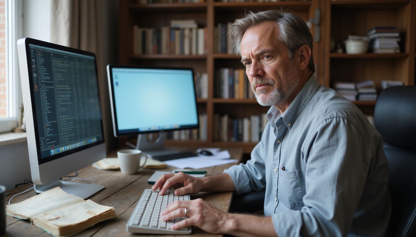 A middle-aged man expresses frustration while working at his cluttered desk.