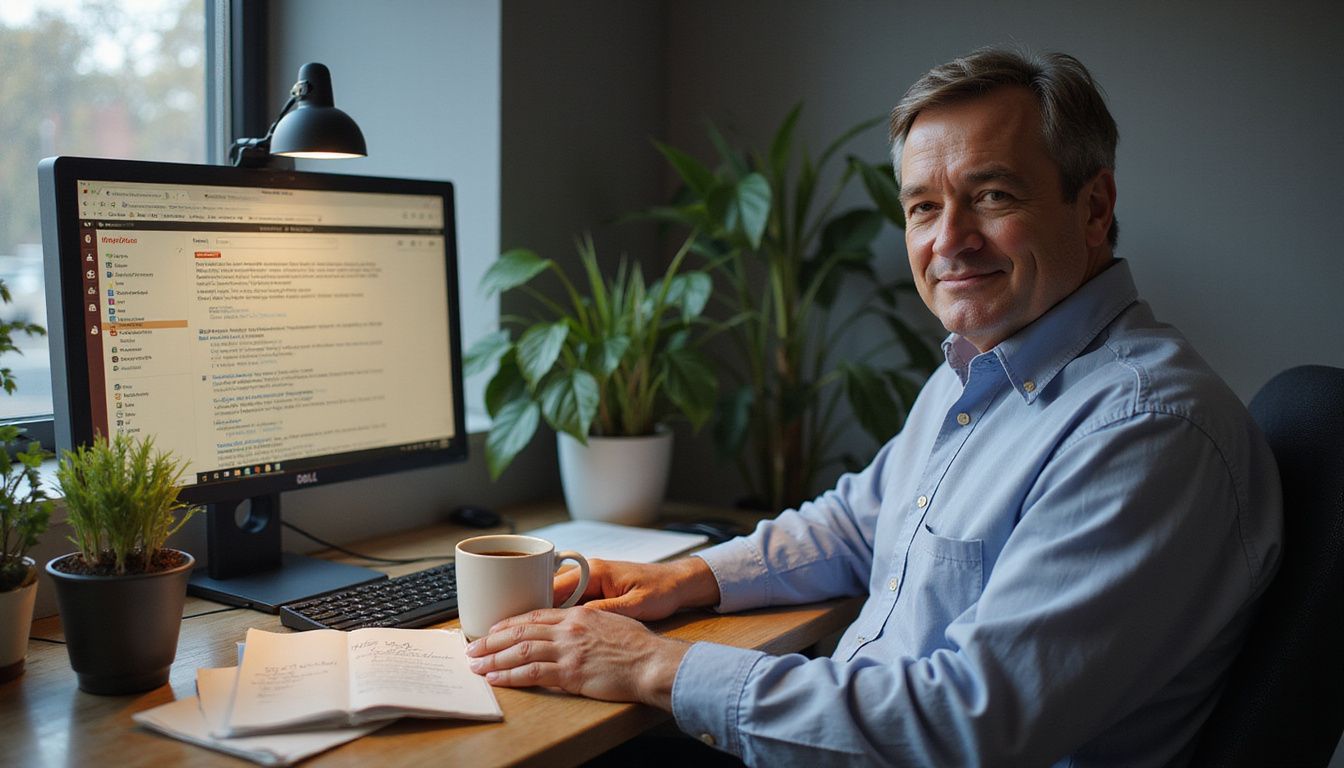A middle-aged person sits at a cluttered desk, looking relieved.