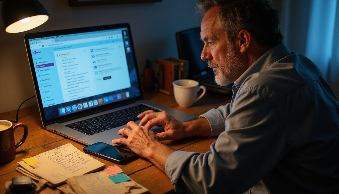 A middle-aged person intensely manages multiple online accounts at their desk.