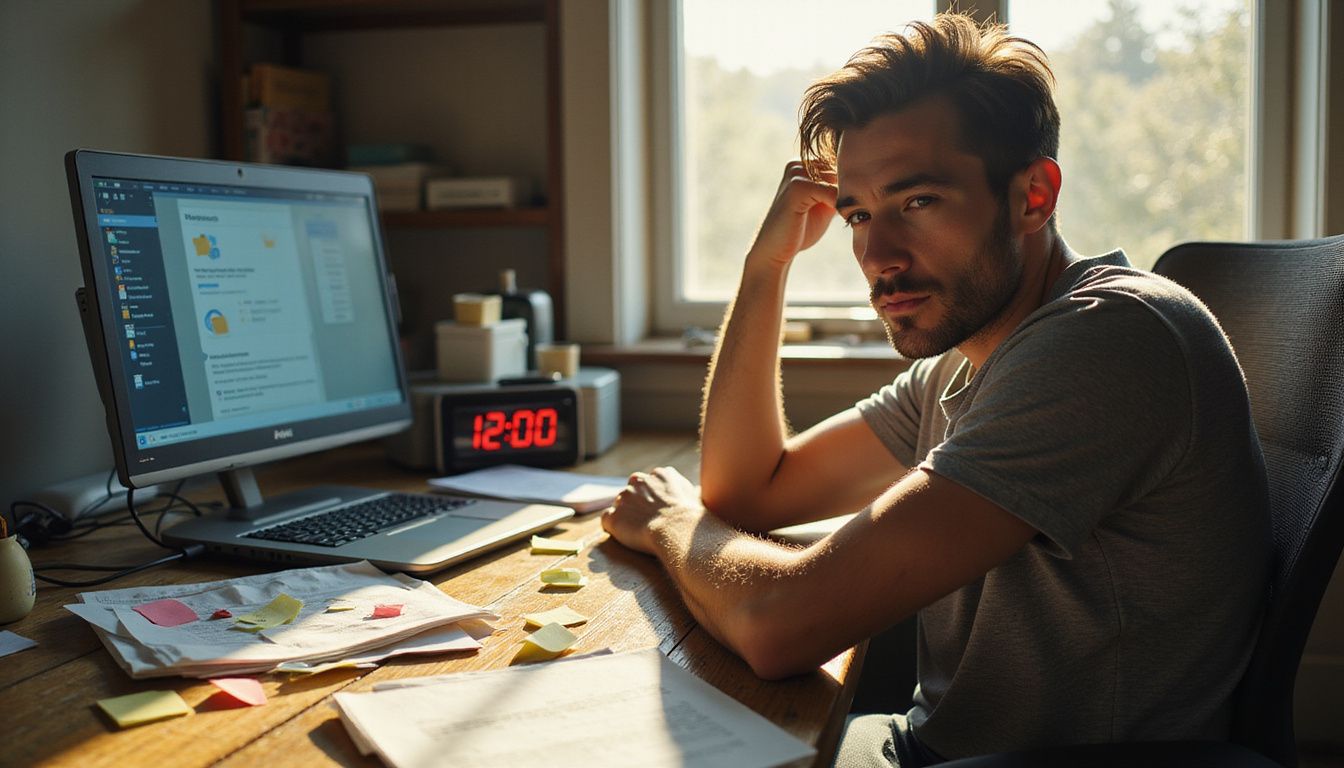 A weary man organizes clutter on a wooden desk at home.