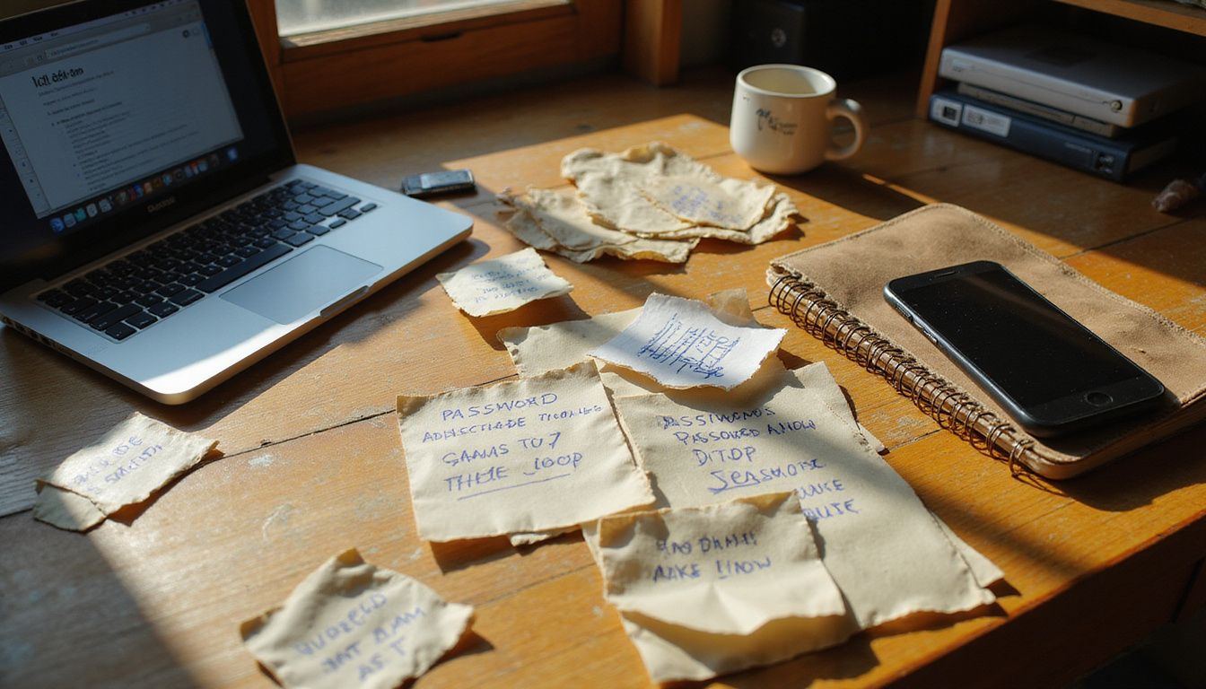 Cluttered home office desk filled with security-related materials and devices.