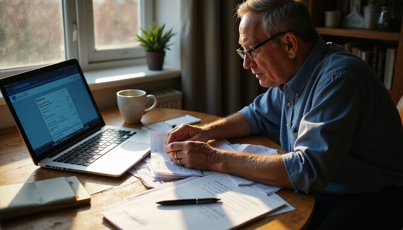 A person reviews bills and paperwork at a home office desk.