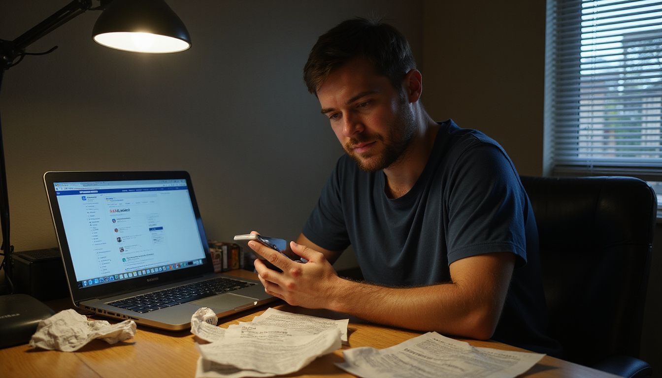 A focused individual manages finances amidst cluttered paperwork and bills.