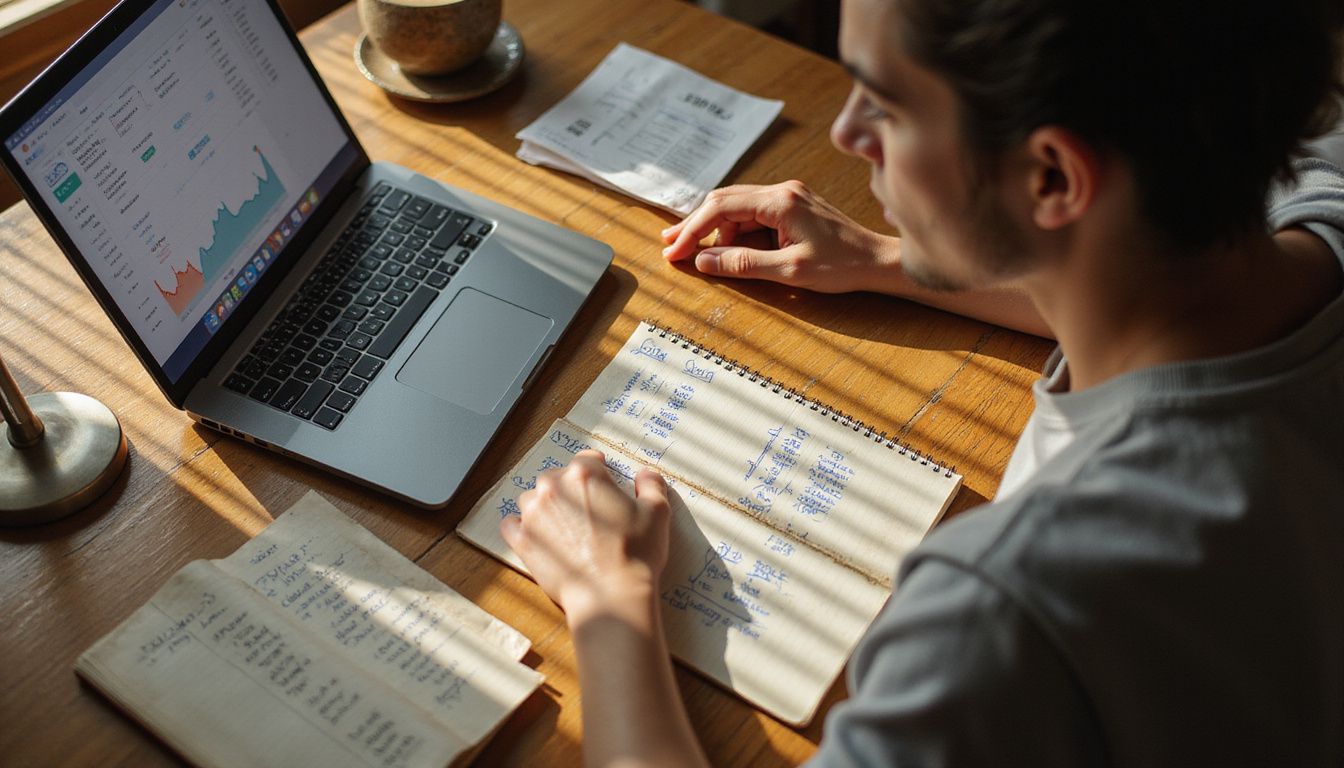 A focused individual manages finances in a modest home office.