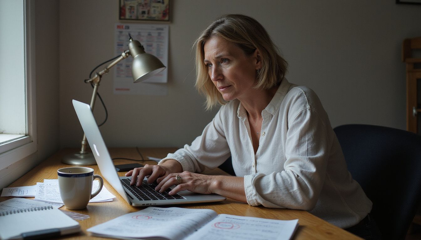 A woman reviews subscription charges with mild frustration at her desk.