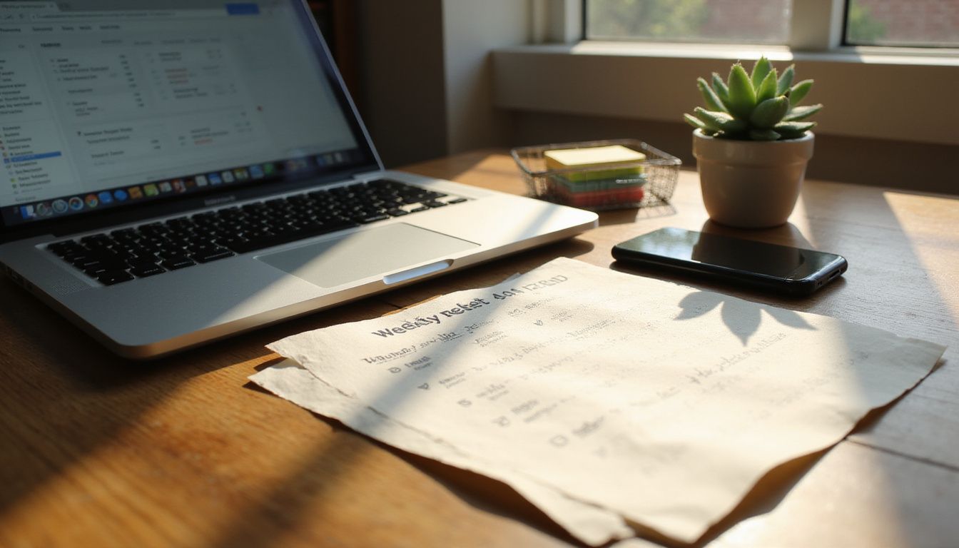 A cozy home desk featuring a laptop, plant, and organized papers.