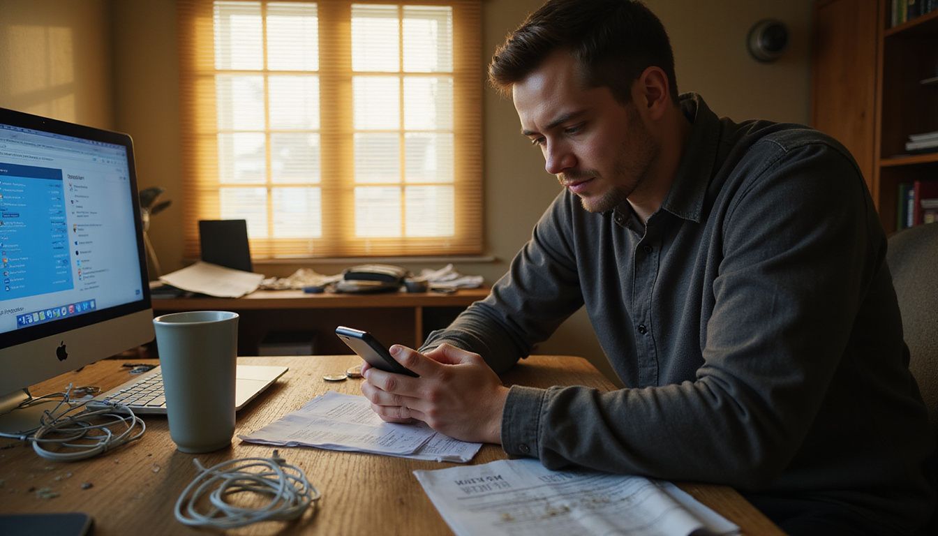 A young person manages bills in a cluttered home office.