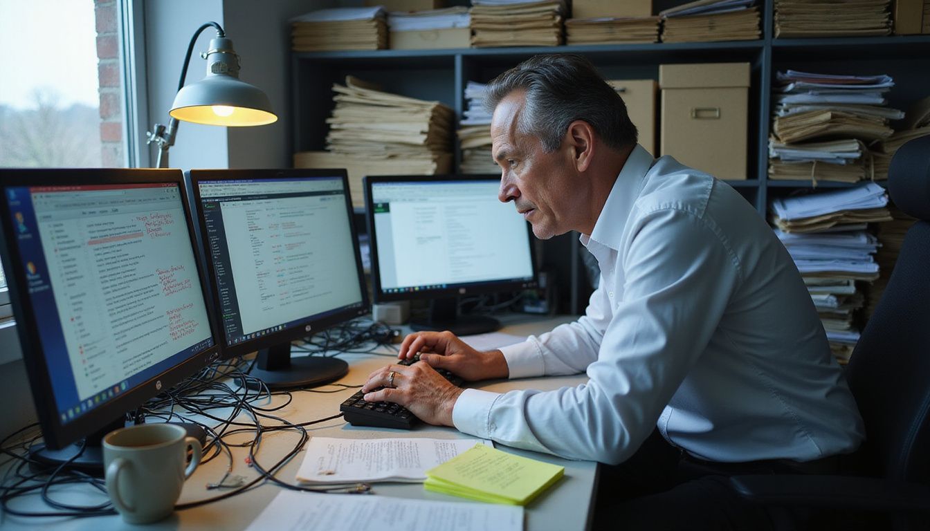 A stressed professional struggles with overwhelming workload at a cluttered desk.