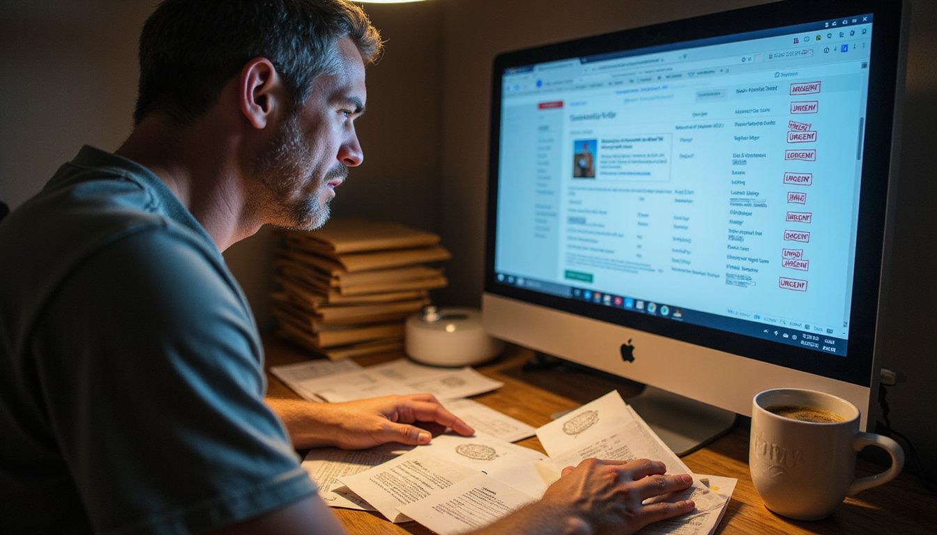 A stressed person struggles with cancellation paperwork at a cluttered desk.