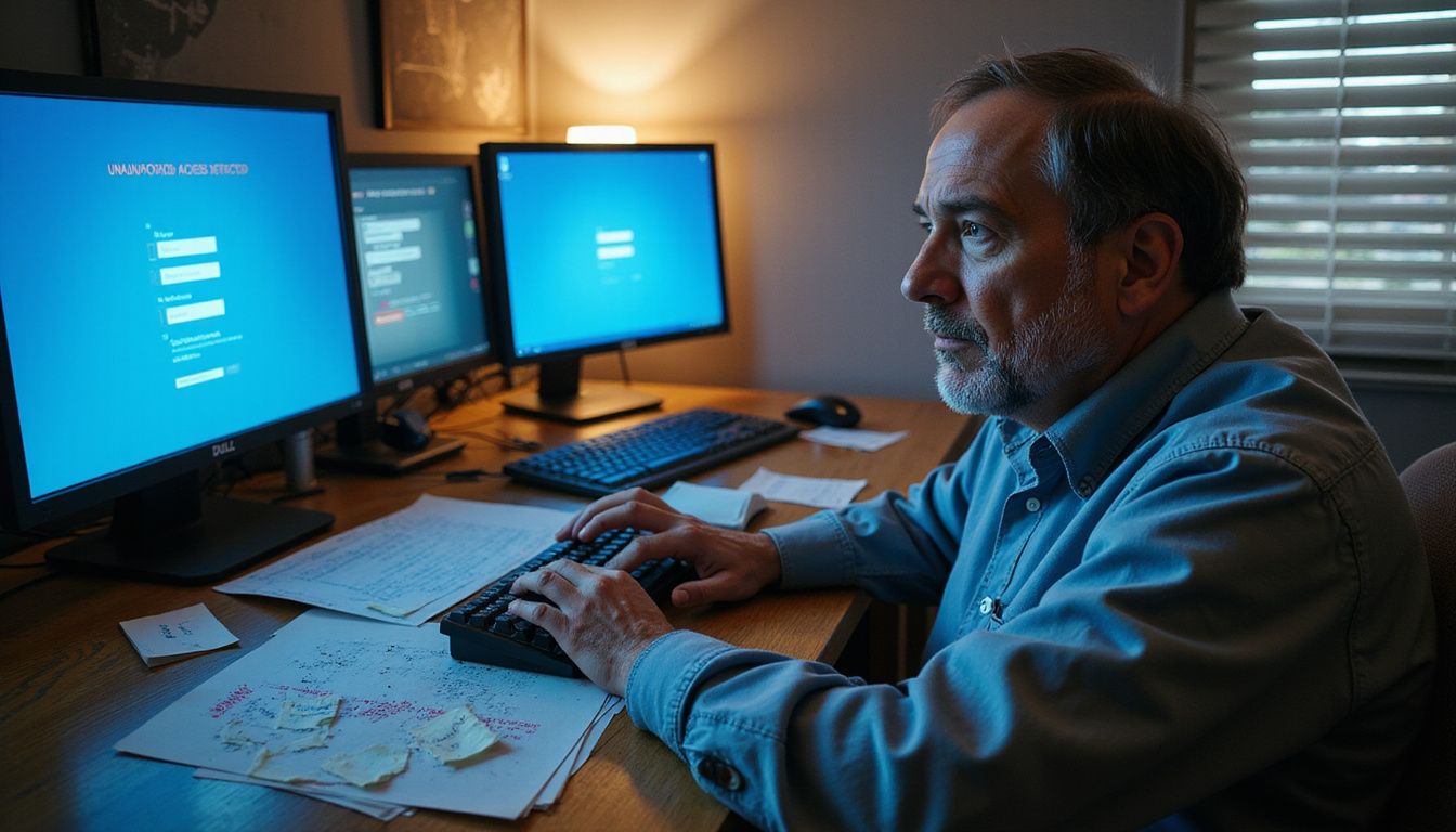 A stressed man struggles with unauthorized access on multiple computer screens.